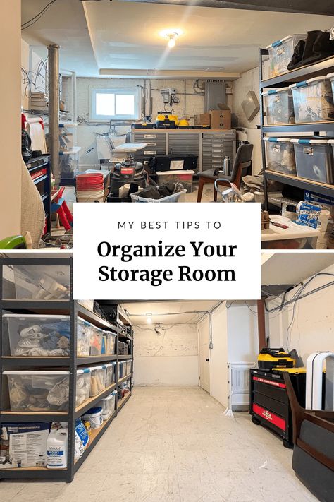 If your storage room is overwhelming you and your tools are unorganized you are going to want to read this blog. I am sharing my best tips to declutter your storage room and tools. I am sharing how i decluttered our storage room and organized to make it work hard for our family. Head to the blog to see all my declutter tips. | Storage Room Organization | Tool Organization | Storage Room Decluttering Organizing Storage Room, Storage Unit Organization Ideas, Basement Storage Organization, Basement Storage Shelves, Family Room Organization, Storage Unit Organization, Basement Organization, Storage Room Organization, Money Budget