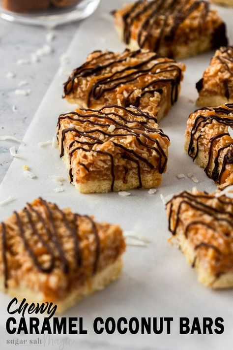 This simple recipe for Chewy Caramel Coconut Bars, similar to homemade samoas, are a shortbread cookie bar topped with easy caramel, shredded coconut and a drizzle of chocolate. Only 7 ingredients and highly addictive. #sugarsaltmagic #coconutbars #caramelcoconutbars #samoas #homemadesamoas Homemade Samoas, Caramel Coconut, Chewy Caramel, Easy Caramel, Caramel Bars, Coconut Bars, Coconut Caramel, Cookie Bar, Shortbread Cookie