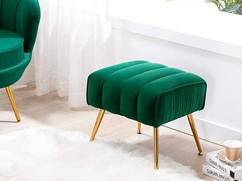 Amazon.com: Altrobene Velvet Upholstered Ottoman, Modern Tufted Footrest with Gold Finished Mental Legs, Green: Home & Kitchen Office And Guest Room, Modern Tub, Dressing Chair, Ottoman Modern, Foot Rest Ottoman, Chair With Ottoman, Velvet Ottoman, Upholstered Ottoman, Bedroom Green