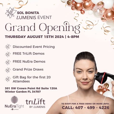 🌟 Grand Opening Alert!🌟 Join us on Thursday, August 15th, from 4-8 PM for the Sol Bonita Medical Spa & Lumenis Event! 🎉 ✨ Enjoy discounted event pricing, FREE TriLift and NuEra demos, grand prize draws, and exclusive gift bags for the first 20 attendees! 🌟 📍 301 SW Crown Point Rd Suite 120A, Winter Garden, FL 34787 Don’t miss out on this exciting celebration! Call 407-499-4226 to RSVP for a free demo or for more information. Let’s make your beauty shine! 💖 #SolBonita #GrandOpening #Lumen... Medical Spa, Exclusive Gift, K Beauty, Winter Garden, Grand Opening, Gift Bags, Spa, Celebrities, Quick Saves