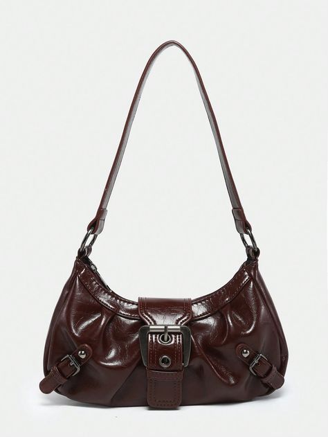 1pc Women Retro Melade Distressed Soft Faux Leather Motorcycle Bag With Rivets, Buckle Decor, Cloud Pleated Shoulder/Underarm Bag, Barrel Bag Shape Suitable For Work, Commute, Date, Party Maroon Punk,Vintage   PU Leather Colorblock,Plaid,Plain Baguette Bag   Women Bags, size features are:Bust: ,Length: ,Sleeve Length: Cute Vintage Bags, Vintage Clothing Pieces, Barrel Bags, 2000s Bags, Shoulder Bag Aesthetic, Maroon Bag, Bag Shapes, Leather Baguette Bag, Work Commute