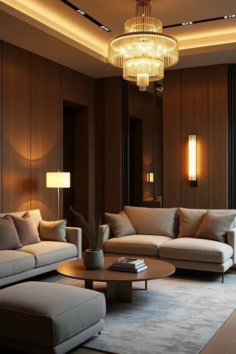 Luxurious living room with modern sofas, elegant lighting, and a glass chandelier. Sleek And Modern Living Room, Modern Living Room Ideas Luxury, Luxury Living Room Interior, Cozy Modern Living Room, Eclectic Spaces, Living Room Interior Design Ideas, Cozy Eclectic, Modern Luxury Living Room, Cozy Bohemian