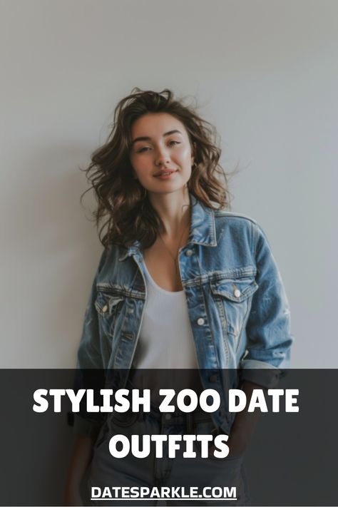 Woman in a denim jacket with wavy hair, standing against a plain background, promoting stylish zoo date outfits. What To Wear To The Zoo Outfits Winter, Outfits To Wear To The Zoo Summer, Zoo Outfit Ideas Summer, Cute Zoo Outfits, Zoo Date Outfit, Zoo Outfit Ideas, Date Outfit Inspiration, Zoo Date, Zoo Outfit