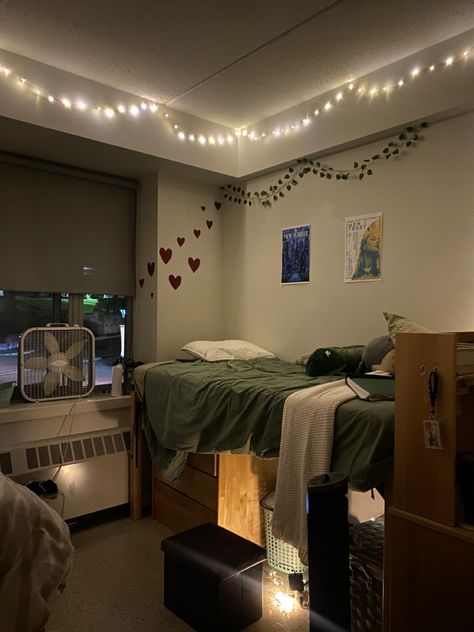 dorm room, dorm inspo, room inspo, dorm, bed, sage green, fall, crochet, stuffed animals, autumn, aesthetic Green Dorm Bathroom Ideas, Green And Black Dorm Room Ideas, Dorm Aesthetic Green, Dorm Room Ideas Dark Green, Forest Dorm Room Aesthetic, College Dorm Green Aesthetic, Brown Dorm Room Aesthetic, Green And Brown Aesthetic Room, College Dorm Room Color Schemes