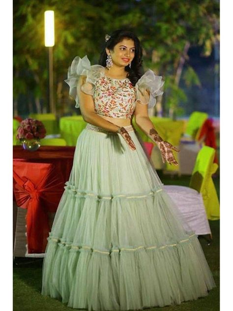 Buy Best Wedding Lehenga Choli Online Shopping Sale 2020 Trending Lehenga From Siya Fashion Pastel Green Embroidered Ruffle Net Partywear Crop Top Lehenga. #pastelgreen #lehengacholi Layered Crop Top, Crop Top Lehenga, Long Gown Design, Half Saree Lehenga, Dress Book, Frock For Women, Frock Dress, Long Gown Dress, Lehenga Online