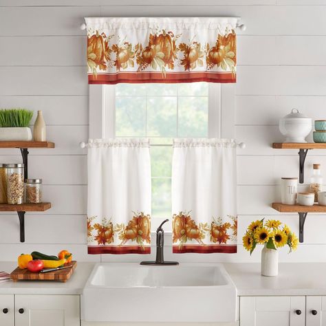 Fall Windows, Cafe Window, Fall Kitchen Decor, Charming Kitchen, Small Window, Tier Curtains, Kitchen Valances, Fall Kitchen, Pumpkin Colors