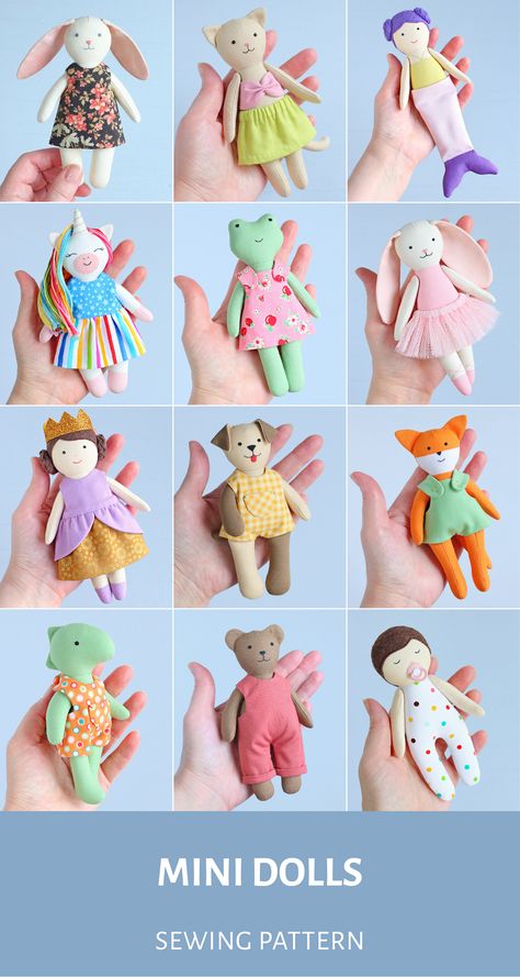 Sewing Easy Stuffed Animals, Mini Fabric Dolls Diy, Stuffed Kitten Pattern Sewing, Mini Animal Sewing Pattern, Easy Sewing Toys For Beginners, Diy Hand Sewn Stuffed Animals, Pdf Doll Pattern Free, Tiny Stuffed Animal Sewing Pattern, Mini Stuffed Animals Diy