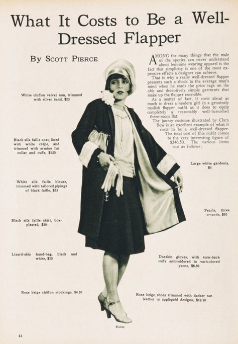 "Between the 1900’s and 1920’s women’s dress went from seventeen layers, to four.. and nineteen yards of fabric down to seven. You would think the drastic reduction in material made clothing affordable, and they did, except for one thing. Instead of three or four complete outfits for the typical middle class 1900’s woman ,1920’s ladies were expected to wear a new outfit every, new clothes for new seasons, and only the best most current fashions could be seen." #THEDRESLYN 1920 Makeup, Look Gatsby, Clara Bow, Jean Patou, Louise Brooks, Flapper Girl, 20s Fashion, 1920s Flapper, Flapper Style