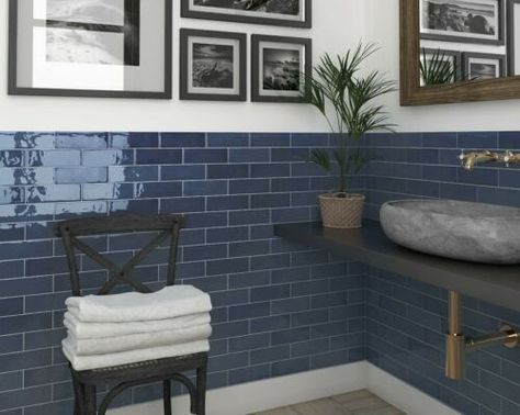 Blue Wall Tiles, Blue And White Bathroom, Royal Blue Walls, White Bathroom Rug, Small Downstairs Toilet, Navy Blue Bathrooms, Blue Tile Wall, Blue Bathroom Tile, Small Toilet Room