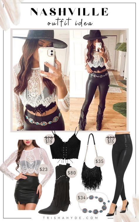 Nashville Honeymoon Outfits, Winter 30th Birthday Outfit, Western Party Ideas For Women, Nashville Nights Outfit, Black Nashville Outfit Going Out, Nashville Airport Outfit, Nashville Outfits Winter Night Going Out, Western Outfits For Concert, Nashville Club Outfit