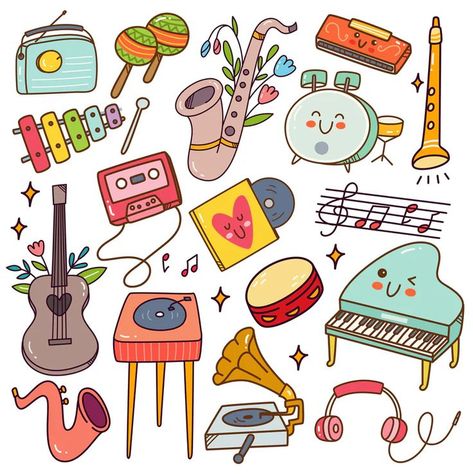 Music Instruments Kawaii Doodle Template AI, EPS Sweets Illustration, Doodle Template, Doodles Kawaii, Famous Wallpaper, Kawaii Doodle, Music Doodle, Wallpaper Music, Doodle Art Journals, Music Drawings