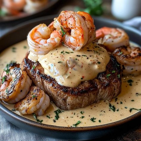 🍽️ Surf and Turf with Shrimp and Lobster Cream Sauce Ingredients For the Steak: 2 ribeye or filet mignon steaks (about 1-inch thick) 🥩 Salt and pepper, to taste 🧂 2 tablespoons olive oil 🫒 1 tablespoon butter 🧈 For the Lobster Cream Sauce: 1 cup cooked lobster meat, chopped 🦞 1/2 lb shrimp, peeled and deveined 🦐 1 cup heavy cream 🥛 1/2 cup lobster or seafood broth 🥣 2 tablespoons butter 🧈 2 cloves garlic, minced 🧄 1 teaspoon lemon juice 🍋 Salt and pepper, to taste 🧂 Fresh parsley, chopped (... Seafood Broth, Cooked Lobster, Lobster Cream Sauce, Lobster Sauce, Filet Mignon Steak, Steak And Shrimp, How To Cook Lobster, Lobster Meat, Surf And Turf