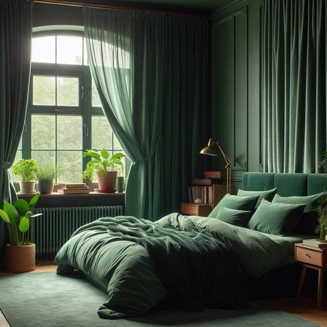 Emerald Green Bedroom Jewel Tones Interior Design, Emerald Green Bedrooms, Teal Bedroom, Feminine Bedroom, Moody Bedroom, Dark Bedroom, Gold Bedroom, Green Curtains, Green Interiors