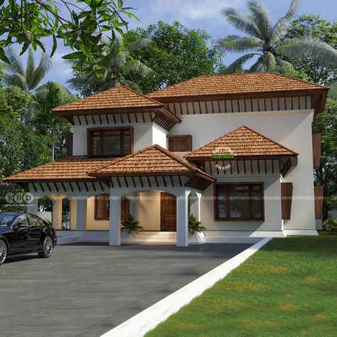 Traditional Kerala Home Design - Charming 3-Bedroom Tharavadu with Teracotta Roof Home Front Elevation, Classic House Exterior, Front Elevation Designs, Clay Tiles, Front Elevation, House Elevation, Classic House, House Layouts, Architectural Elements