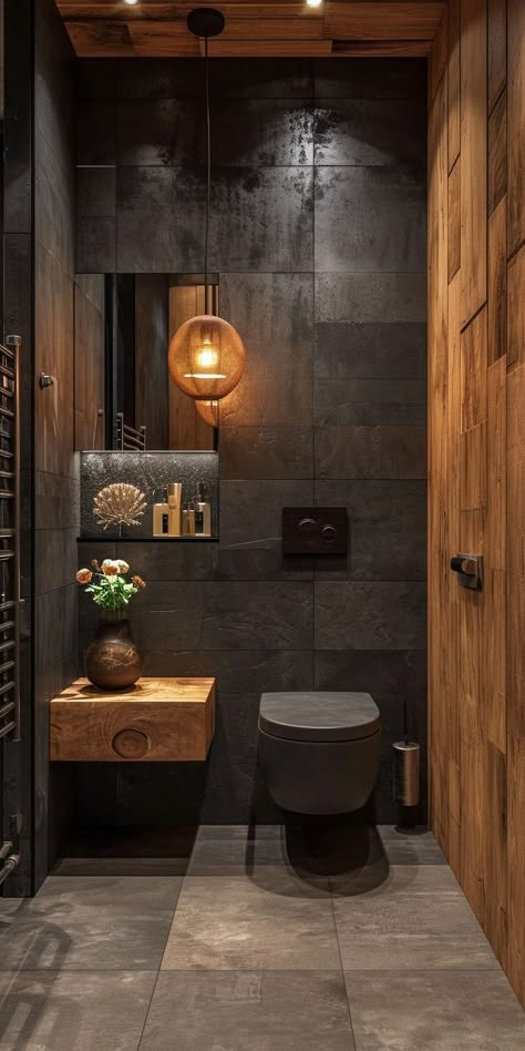 Black Bathroom Walls, Black Bathroom Floor Tiles, Small Dark Bathroom, Black Bathroom Floor, Bathrooms Floors, Black Bathrooms, Black Bathroom Ideas, Black Cabinets Bathroom, Dark Bathroom