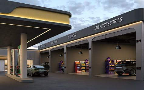 Petrol Station Design, Car Showroom Architecture, Oil Company Logos, Car Showroom Design, Architecture Jobs, Grocery Store Design, Car Station, Station Service, Architecture Panel