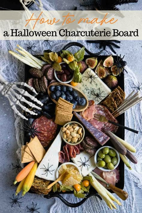 The ultimate Halloween-inspired charcuterie board! Step by step how-to for making a beautifully spooky Halloween themed snack board. Fun Easy Appetizers, Spooky Charcuterie Board, Halloween Charcuterie Boards, Spooky Charcuterie, Halloween Meals, Halloween Themed Appetizers, Fun Halloween Snacks, Halloween Charcuterie Board, Halloween Themed Snacks