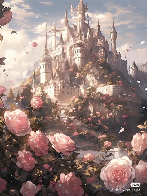 Pink Kingdom Fantasy Art, Flower Kingdom Fantasy Art, Flower Castle Fantasy Art, Pink Fantasy Aesthetic, Flower Castle, Anime Castle, Anime Kingdom, Pink Castle, Fantasy Princess