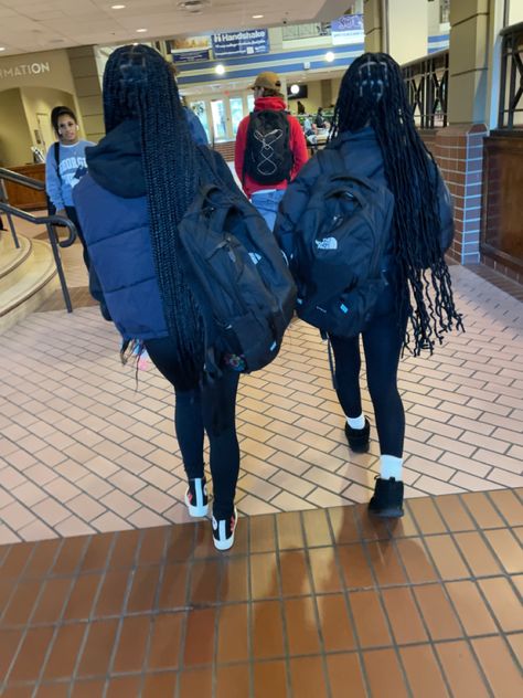 Bookbag college black girl jester northface faux locs ugg vest winter socks hoodie Northface Backpacks Outfit, North Face Backpack Outfit, North Face Hoodie Outfit, Hoodie And Vest Outfit, North Face Bookbag, Northface Jester, Northface Backpacks, Backpack Outfit, North Face Hoodie