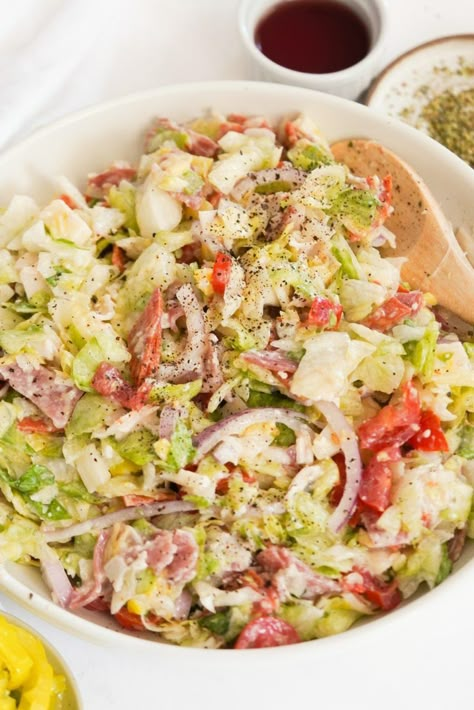 Italian Grinder Salad (Chopped Sub Salad) - Wellness by Kay Chopped Salad Italian, Italian Antipasto Salad Recipes, Italian Grinder Chicken Salad, Chopped Italian Sub Salad, Chopped Grinder Salad, Refrigerator Salad Bar, Grinder Salad Recipe, Loaded Salad Recipes, Italian Chop Salad