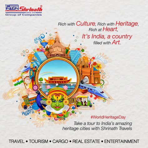 Heritage means LEGACY... Our Culture Our Heritage Our Pride Let's be more responsible towards our rich heritage and work towards preserving it! World Heritage Day! #shrinathgroupofcompanies #travel #tourism #TravelWithShrinath #WorldHeritageDay #UNESCO #HeritageDay #HeritageDay2023 #incredibleindia #indianheritage #culturalheritage #heritagecity #hertitagecityahmedabad #heritagesite India And Rich Heritage Drawing, Heritage Poster Design, World Heritage Day Creative Ads, Indian Tourism Poster, World Heritage Day Poster, Heritage Quotes, World Heritage Day, Heritage Paint, Heritage Day