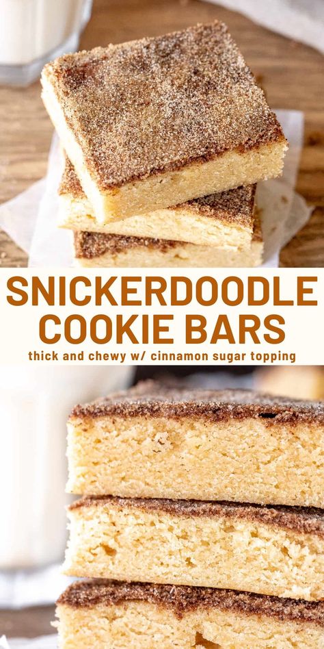 These snickerdoodle cookie bars are thick, chewy and have a deliciously crunchy cinnamon sugar layer on top. They're quicker than making cookies and perfect if you like your cookies extra thick #cookiebars #snickerdoodles #cinnamonsugar #cinnamon from Just So Tasty https://www.justsotasty.com/chewy-snickerdoodle-cookie-bars/ Snickerdoodle Cookie Bars, Snickerdoodle Bars, Snickerdoodle Cookie, Snickerdoodle Recipe, Making Cookies, Snickerdoodle Cookie Recipes, No Bake Bars, Cookie Bar Recipes, Homemade Cookies