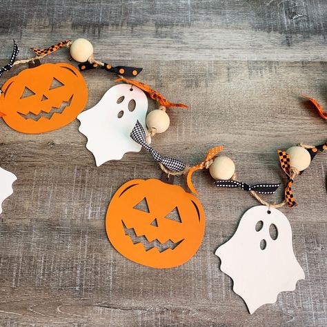 Halloween Garland | Creating Me Halloween Craft Decor, Halloween Pumpkin Garland Diy, Dollar Tree Ghost Garland, Garland Halloween Diy, Wooden Haloween Decoracion, Paper Ghost Garland, Haloween Decoracion Crochet, Dollar Tree Halloween Decor, Dollar Tree Halloween