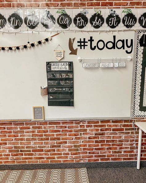 Brick Bulletin Board Ideas, Classroom Photo Wall Bulletin Boards, Brick Bulletin Board Classroom, Brick Wall Classroom Decor, Brick Classroom Decor, Classroom Accent Wall, Brick Classroom, Fake Brick Wall, 2023 Classroom