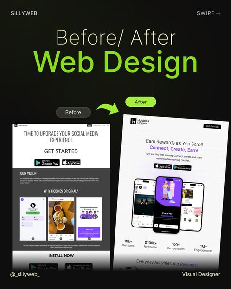 Before/ after Website redesign for a social media app Storytelling Website, Brain Quest, Presentation Website, Website Landing Page Design, Business Landing Page, Creative Landing Page, Website Ui Ux Design, Page Design Ideas, Product Landing Page