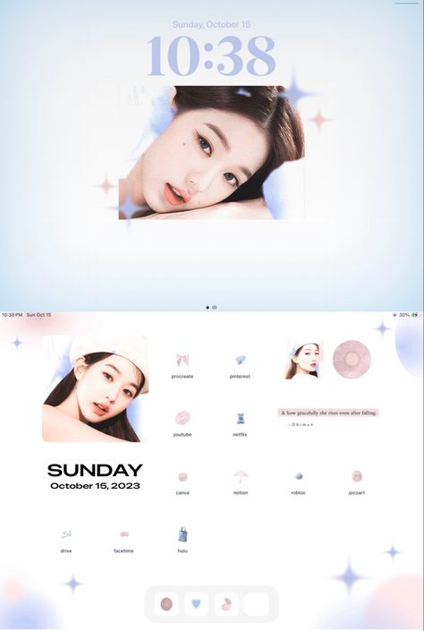 ipad layout ios17 homescreen lockscreen idea aesthetic wonyoung kpop ive izone pink blue pastel soft cute edit Ive Homescreen Layout, Blue Homescreen Ipad, Ipad Ios Theme, Ipad Ios 17 Homescreen, Kpop Ipad Wallpaper Aesthetic, Kpop Ipad Homescreen, Wonyoung Ipad Wallpaper, Ipad Lockscreen Pink, Ipad Homescreen Ideas Kpop