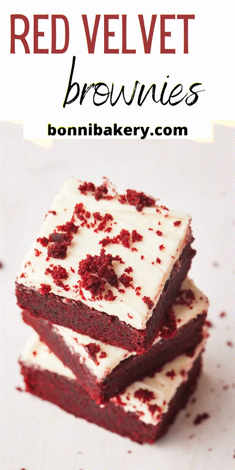 These red velvet brownies are the perfect combination of red velvet cake and gooey brownies. They are fudgy and chewy and have that gorgeous red velvet color. The cream cheese frosting on top really finishes them off, making them the perfect dessert for valentines day, christmas or even just as an anytime treat. Easy to make and a super pretty twist on homemade brownies. #redvelvet #redvelvetrecipes #redvelvetbrownies #brownies #bakingideas #valentiensdesserts #christmasdesserts #reddesserts Brownies With Cream Cheese Frosting, Red Velvet Brownies Recipe, Red Velvet Color, Brownies With Cream Cheese, Red Velvet Cheesecake Brownies, Velvet Desserts, Red Velvet Desserts, Velvet Brownies, Red Desserts