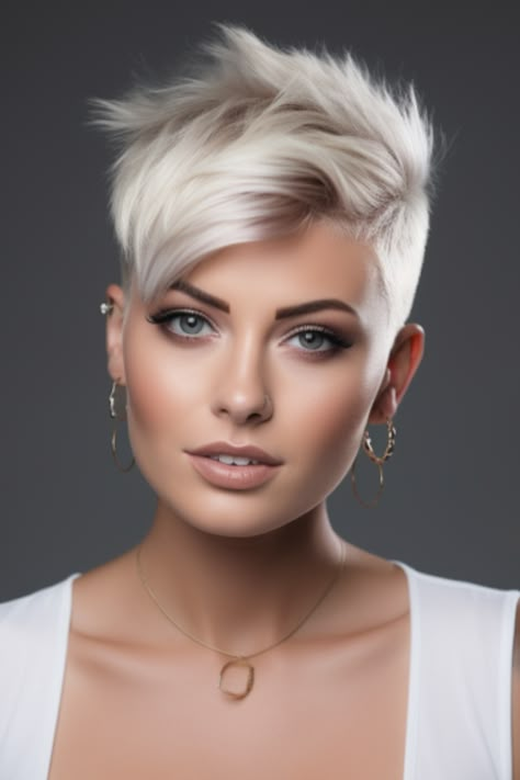 Fierce Pixie Haircut, Short Platinum Blonde Hair Pixie, Short Blonde Hair Pixie, Shaved Pixie Cut Edgy, Platinum Blonde Pixie Cut, Platinum Blonde Hair Color Ideas, Platinum Blonde Pixie, Short Blonde Pixie, Platinum Pixie