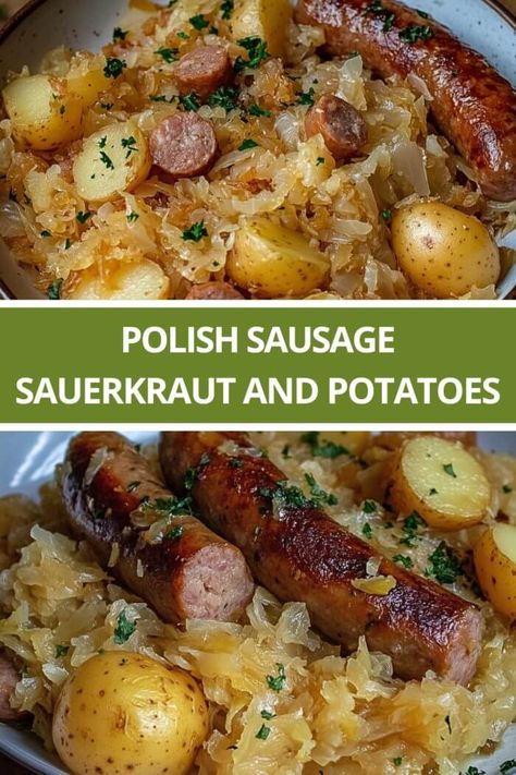 What To Serve With Sauerkraut, Polish Sausage Sauerkraut And Potatoes, Sauerkraut And Potatoes, Potatoes Crockpot, Sausage Sauerkraut, Sausage Crockpot, Crock Pot Potatoes, Kielbasa Recipes, Polish Sausage