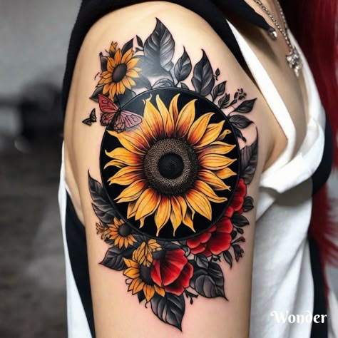 Red And Yellow Sunflower Tattoo, Sunflower And Red Rose Tattoo, Sunflower On Fire Tattoo, Snake And Sunflower Tattoo, Gothic Sunflower Tattoo, Red Sunflower Tattoo, Yellow Sunflower Tattoo, Roses And Sunflowers Tattoo, Sunflower Tattoo Color