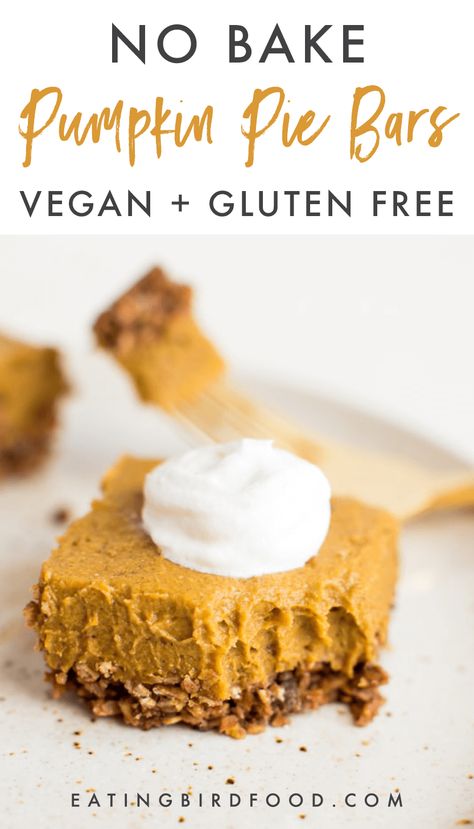 These decadent no bake pumpkin pie bars pair a crunchy granola crust with a creamy, thick pumpkin filling with coconut oil and cashew butter. Vegan & gluten-free. #vegan #glutenfree #pumpkinpie #thanksgiving #healthy Granola Crust, Chocolate Covered Banana Bites, Healthy Vegan Dessert, Paleo Snack, No Bake Pumpkin, Bake Pumpkin, High Protein Desserts, No Bake Pumpkin Pie, Vegan Pumpkin Pie