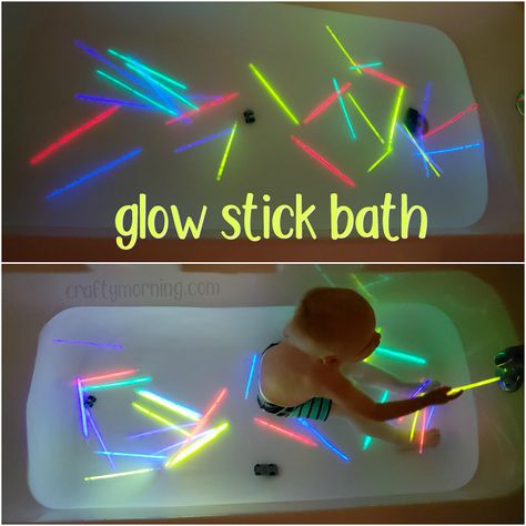 Glow Stick Bath (Kids Activity) Bath Sensory Play, Bath Fun For Toddlers, Bathtub Sensory Play, Bath Play Ideas, Glow Stick Bath, Glow Stick Activities For Kids, Kids Bath Time Ideas, Themed Baths For Kids, Sensory Bath Ideas