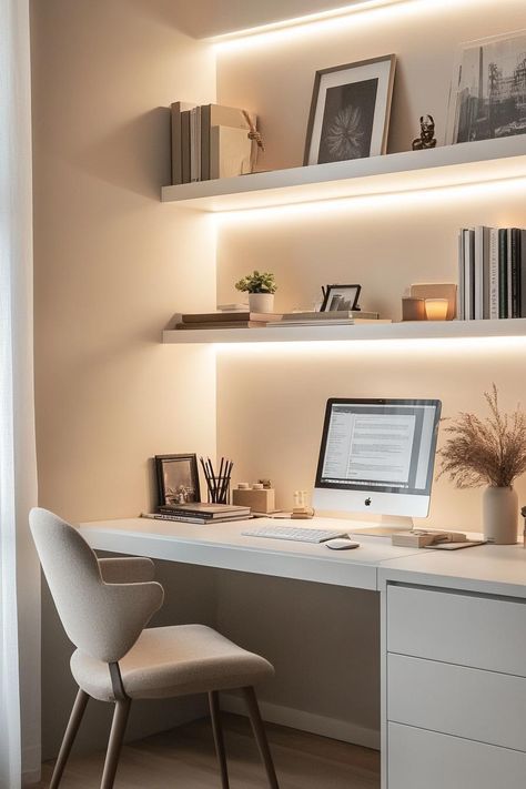 spacesaving design, compact office, organization Lit Shelves, Calm Workspace, Office Interior Designs, Compact Office, Modern Office Interior, Small Office Design, Modern Office Interiors, Office Interior Design Modern, White Desk