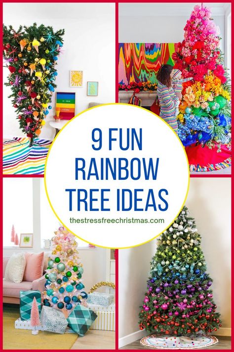 White Christmas Tree Rainbow Decorations, Rainbow Themed Christmas Tree, Rainbow Christmas Trees, Christmas Tree Decor Ideas Colorful, Rainbow Xmas Tree, Rainbow Tree Topper, Christmas Tree Ideas Rainbow, Color Block Christmas Tree, Diy Rainbow Christmas Ornaments