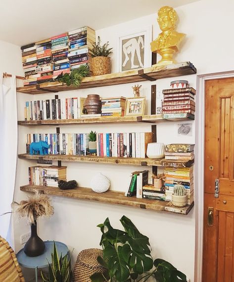 Scaffold shelves with DIY brackets Scaffold Shelves, Diy Brackets, Scaffold Boards, Living Room Sofa Set, Lounge Ideas, Scaffolding, Board Books, Corner Bookcase, Sofa Set