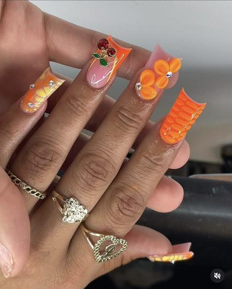 Orange Snd Blue Nails, Orange Freestyle Nails, Orange Freestyle Acrylic Nails, Orange Junk Nails, Orange Nail Inspo Acrylic, Royal Blue And Orange Nails, Orange Duck Nails, Orange Nails Inspiration, Ginger Nails