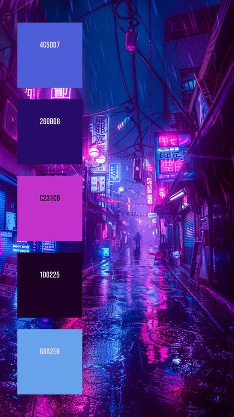 Colors:
4C5DD7
260B68
C231C9
1D0225
68A2EB City Street At Night, Neon Colour Palette, Purple City, Neon Cyberpunk, Street At Night, Rainy City, Purple Palette, Purple Color Palettes, Light And Darkness