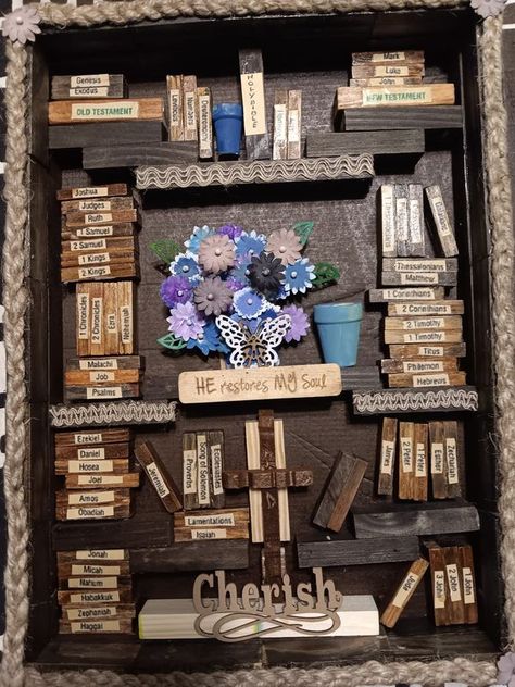 Dollar Tree Crafts & DIY with Instructions! + Freebies! 🥳 | The 66 Books of the Bible in miniature shadowbox | Facebook 66 Books Of The Bible, Dollar Tree Crafts Diy, Bible Cross, Jenga Blocks, Peg Doll, Assemblage Art, Tree Crafts, Dollar Tree Crafts, Books Of The Bible