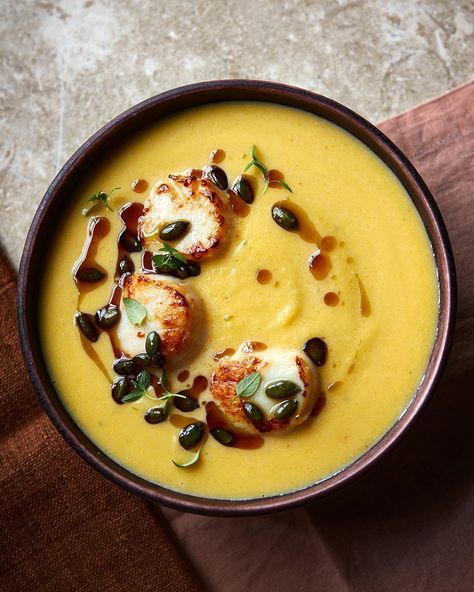 Pumpkin Gouda Soup, Pumpkin Seafood Soup, Pumpkin Soup Plating, Soup Served In A Pumpkin, Pumpkin Soup Photography Styling, Pumkin Soup, Halloween Pumpkin Recipes, Pan Fried Scallops, Best Pumpkin Recipes