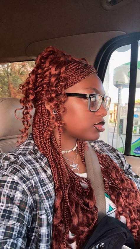 Red Ginger Box Braids, Blonde And Red Braids Black Women, Copper Red Braids Black Women, Red Blonde Braids, Ginger Red Braids, Ginger Braids With Curls At The End, Ginger French Curl Braids Black Women, Braids With Curls Red, Copper Red Braids