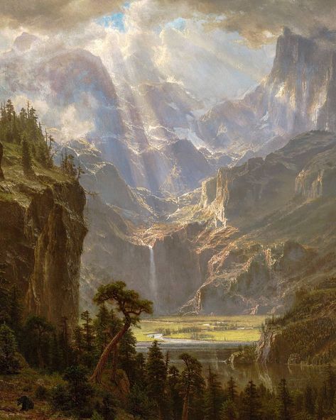 #albertbierstadt#oilpainting#oilOncanvas#museum#artist#art#creative#passion#painting#paintings#paint Albert Bierstadt, Hudson River School, Rennaissance Art, Pretty Landscapes, Hudson River, Aesthetic Painting, Ethereal Art, Fantasy Landscape, Rocky Mountains