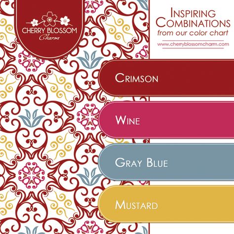 Color Combination featuring January's Birthstone (Garnet) - Crimson, Wine, Gray Blue, and Mustard Blue Gray Color Combinations, Mustard Colour Combination, Yarn Color Combinations, Colour Combo, Yellow Colour, Colour Board, Paint Chips, Mandala Coloring, Color Combo