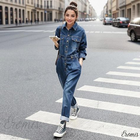 Eromis - Loose-fit Distressed Denim Jumpsuit with High Waist for Casual and Workwear Jean Overall Outfits Fall, Denim Jumpsuit Outfit Winter, Overall Outfits Fall, Jean Overall Outfits, Jumpsuit Outfit Winter, Denim Jumpsuit Outfit, Work Overalls, Casual Work Wear, Casual Workwear