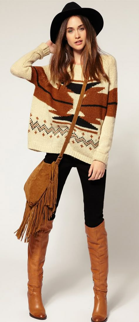 Boho tribal sweater...love this fall style!! Boho Fall Outfits, Look Hippie Chic, Style Hippie Chic, Hippie Mode, Moda Hippie, Boho Mode, Mode Hippie, Bohemian Style Clothing, Looks Country