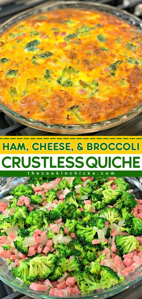 Whip up this quiche recipe! It's an easy school breakfast idea with a make-ahead option. Packed with ham, cheese, and broccoli, this crustless quiche is a delicious back-to-school food while being low-carb! Mothers Day Casserole Recipes, Ham And Broccoli Quiche, Ham Quiche Recipe, Broccoli Cheese Quiche, Broccoli Quiche Recipes, Quiche Recipes Crustless, Cheese And Broccoli, Cheese Quiche Recipe, The Cookin Chicks