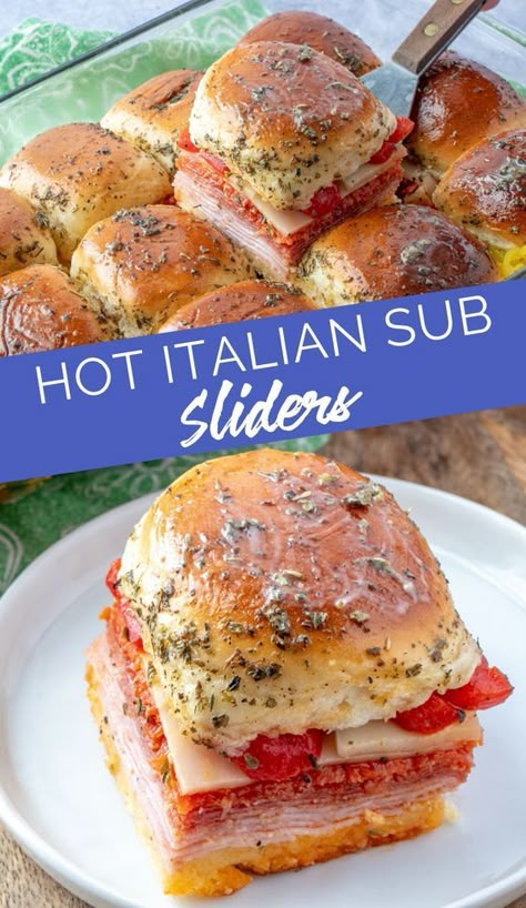 Hot Italian Sub Sliders Sliders Healthy, Italian Sub Sliders, Sub Sliders, Italian Sliders, Easy Slider Recipes, Hot Sandwich Recipes, Italian Appetizer, Slider Sandwiches, Vegan Sandwiches